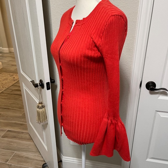 CAbi- Trumpet Cardi- Small- orange/coral trumpet sleeve rib knit - Picture 3 of 15